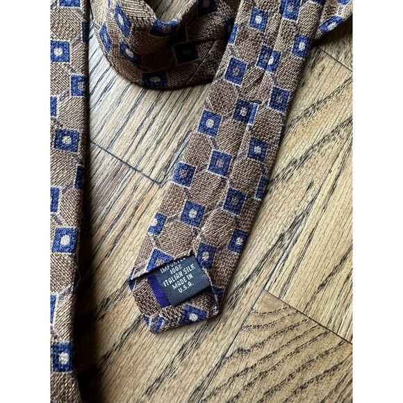 Perry Ellis Brown With Blue Squares 100% Italian Silk Men’s Tie Career Work EUC - Picture 2 of 5